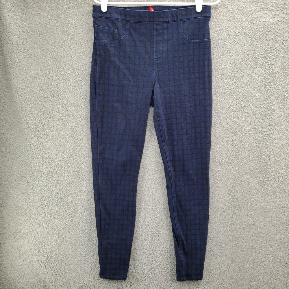 SPANX Jean-ish Ankle Leggings Checkered Plaid Womens Size Large Blue Black